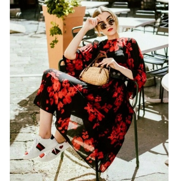 NWOT H&M Chiffon Red & Black Floral  Poppy Pleated Midi Dress Women Size 6 US - Picture 7 of 12